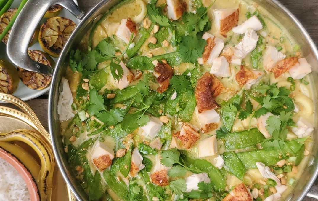 thai inspired turkey green curry in a pot