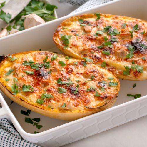 Turkey Alfredo Spaghetti Squash Boats