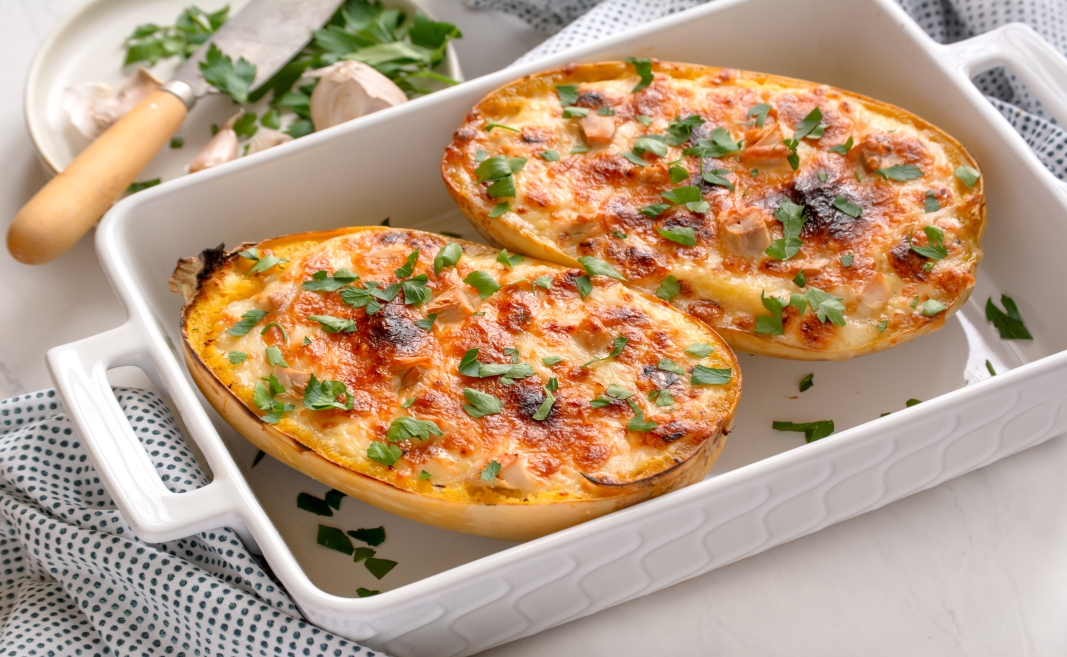 Turkey Alfredo Spaghetti Squash Boats