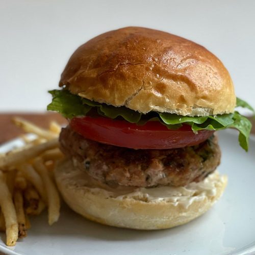 Mozzarella Stuffed Turkey Burger with Red Pepper Mayonnaise