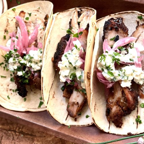 Turkey Carnitas with Pickled Onions and Cilantro Cream Sauce