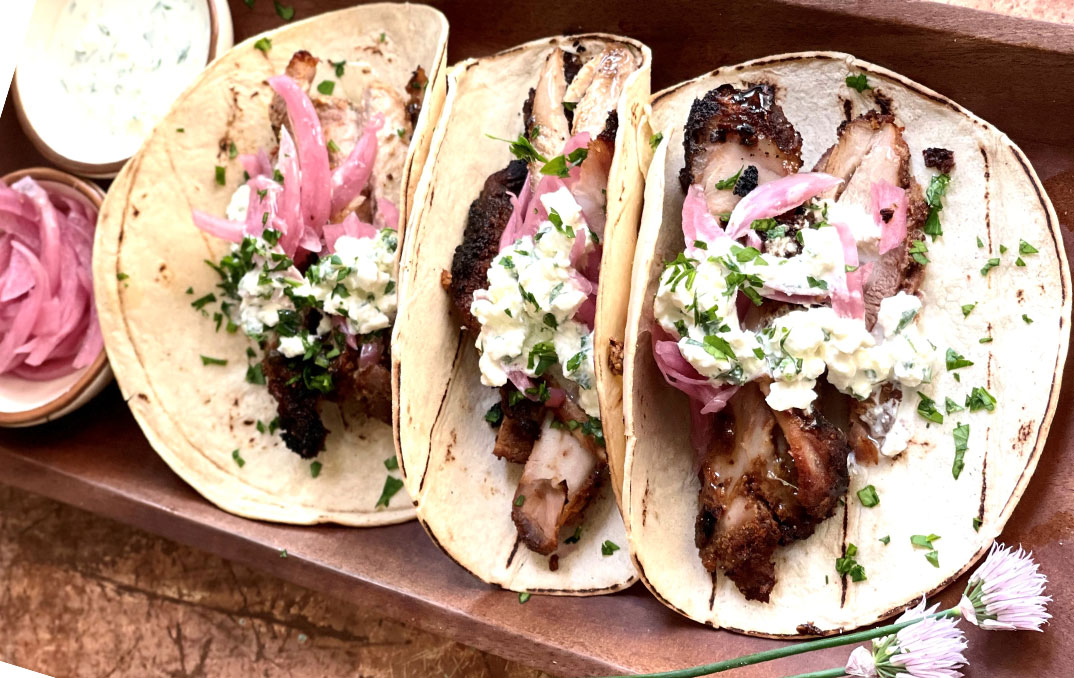 Turkey Carnitas with Pickled Onions and Cilantro Cream Sauce