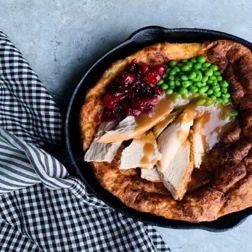 Turkey Dinner Dutch Baby in a pan