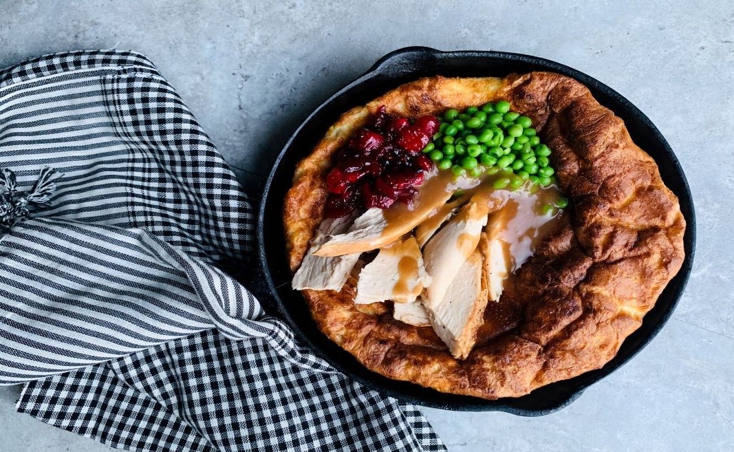 Turkey Dinner Dutch Baby in a pan