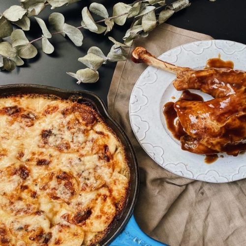 Turkey Leg with Honey Stout Glaze and Scalloped Potatoes