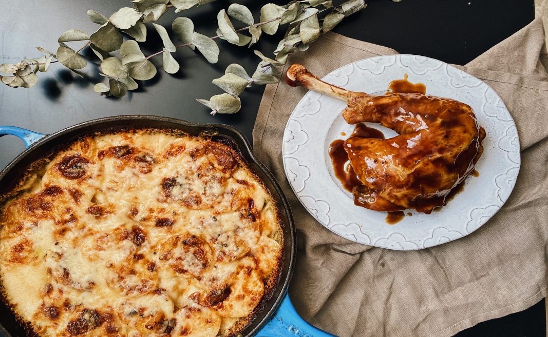 Turkey Leg with Honey Stout Glaze and Scalloped Potatoes