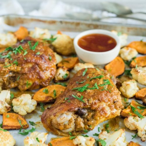 Sheet Pan Madras Turkey with Sweet Potato and Cauliflower