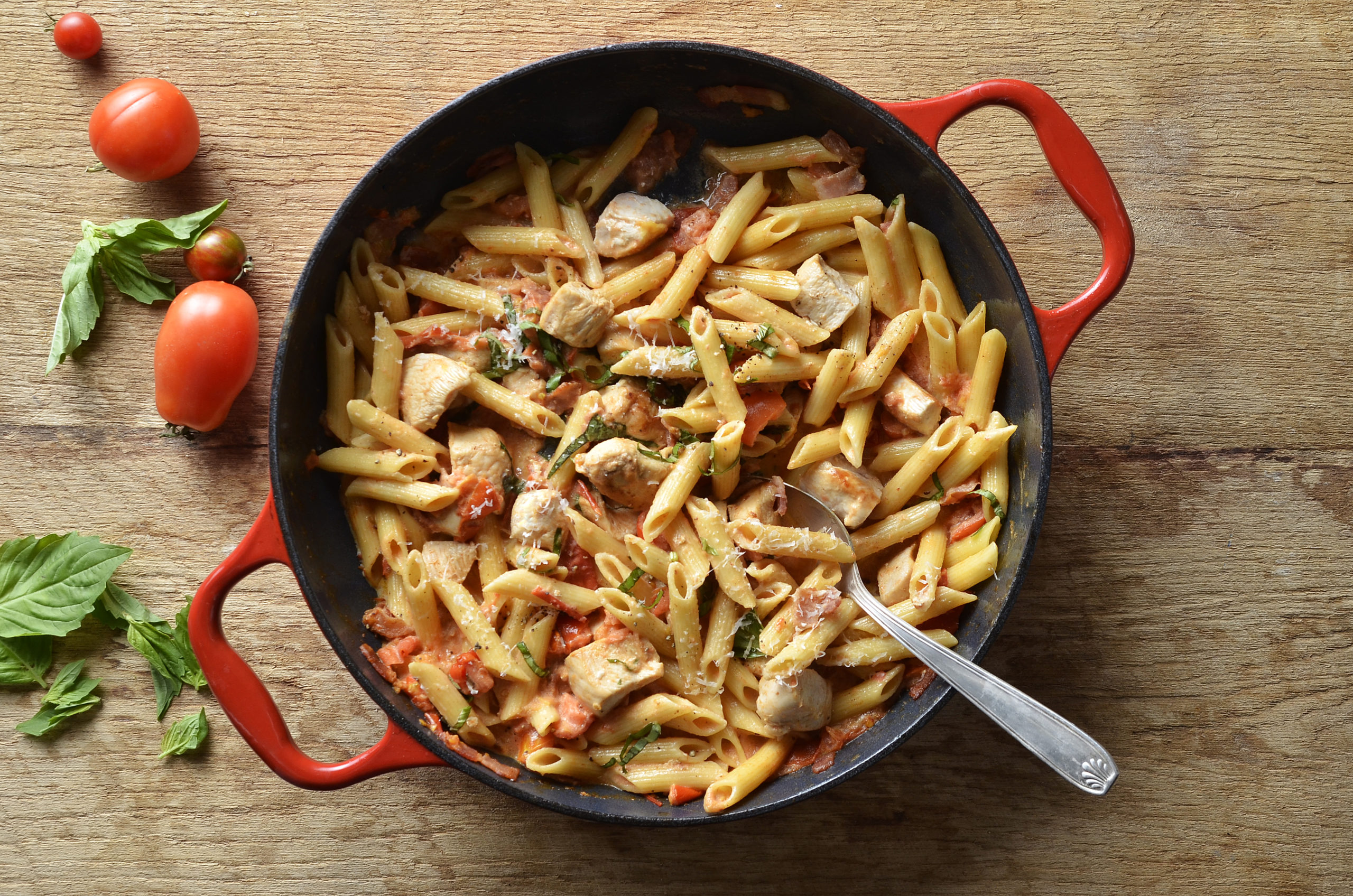 Turkey Penne with Fresh Tomatoes and Pancetta