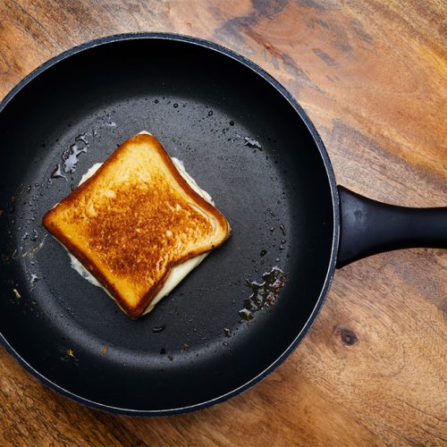 gouda grilled cheese in a cast iron pan