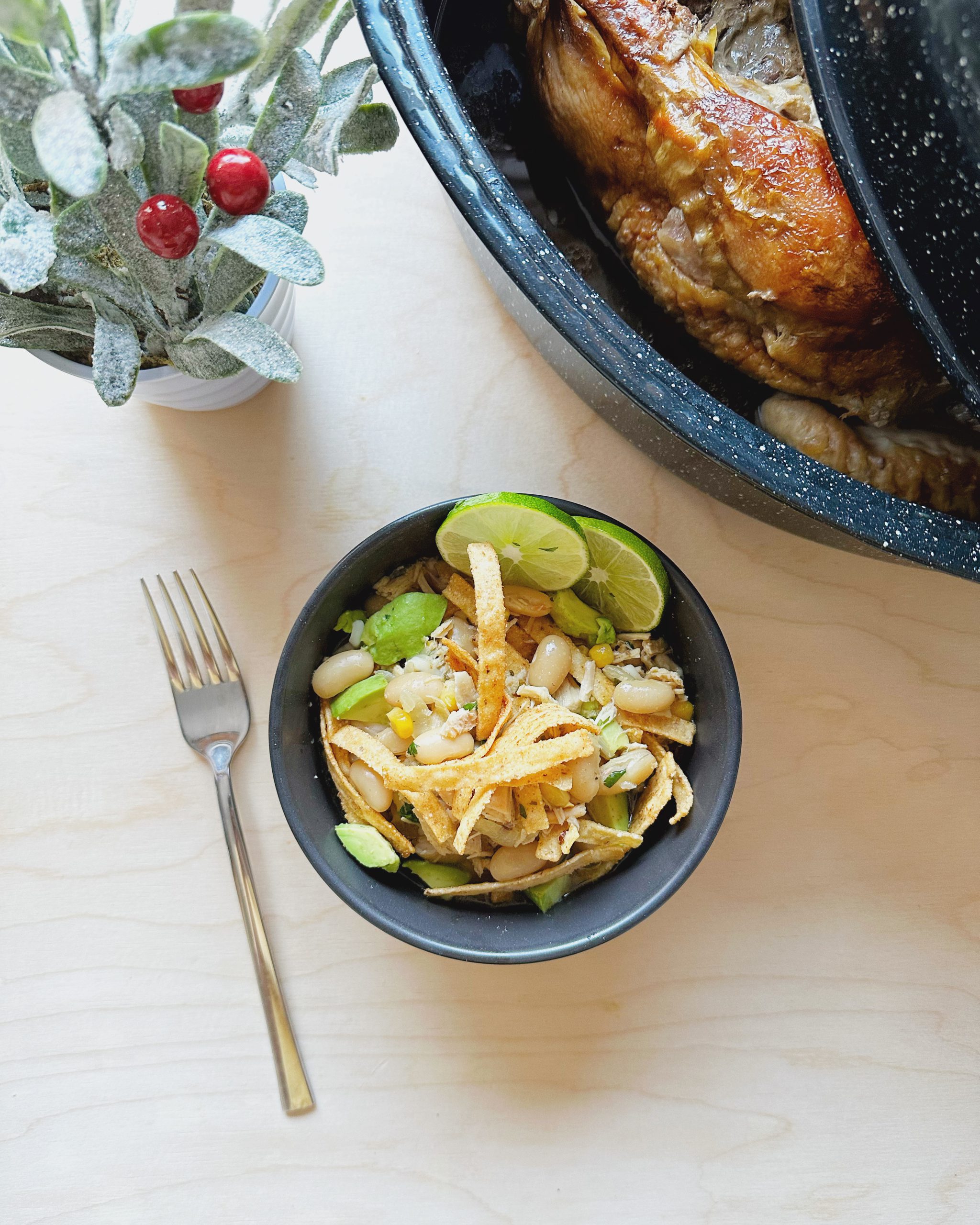 turkey chili blanco in a bowl
