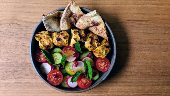 BBQ Turkey Skewers with Zaatar, Fattoush Salad and Sumac Pita
