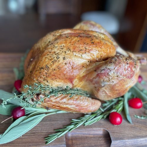 Dry Brined Roast Turkey with Brown Butter, Rosemary, Gewürztraminer Gravy