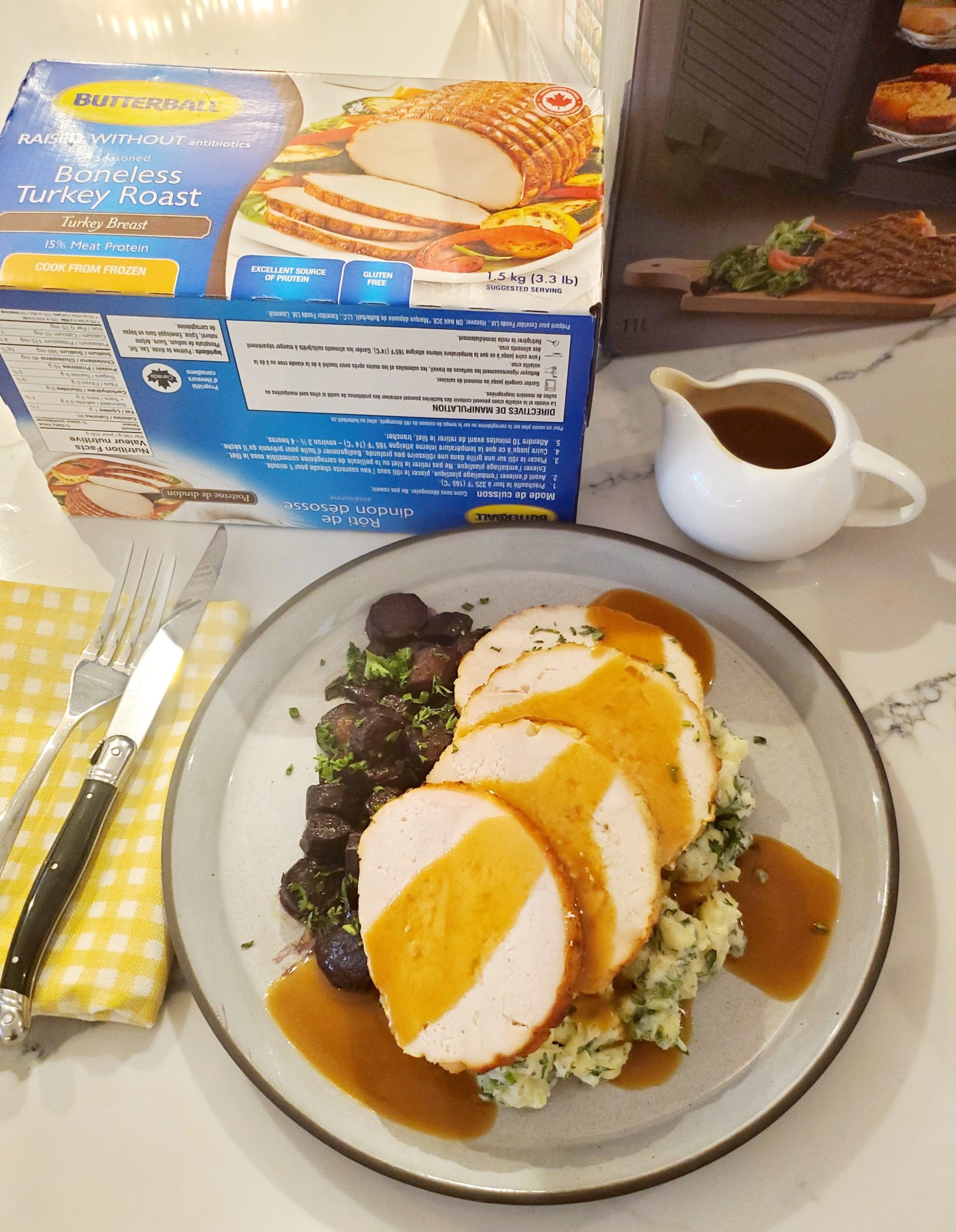 turkey roast with honey glazed carrots & four herb mashed potatoes