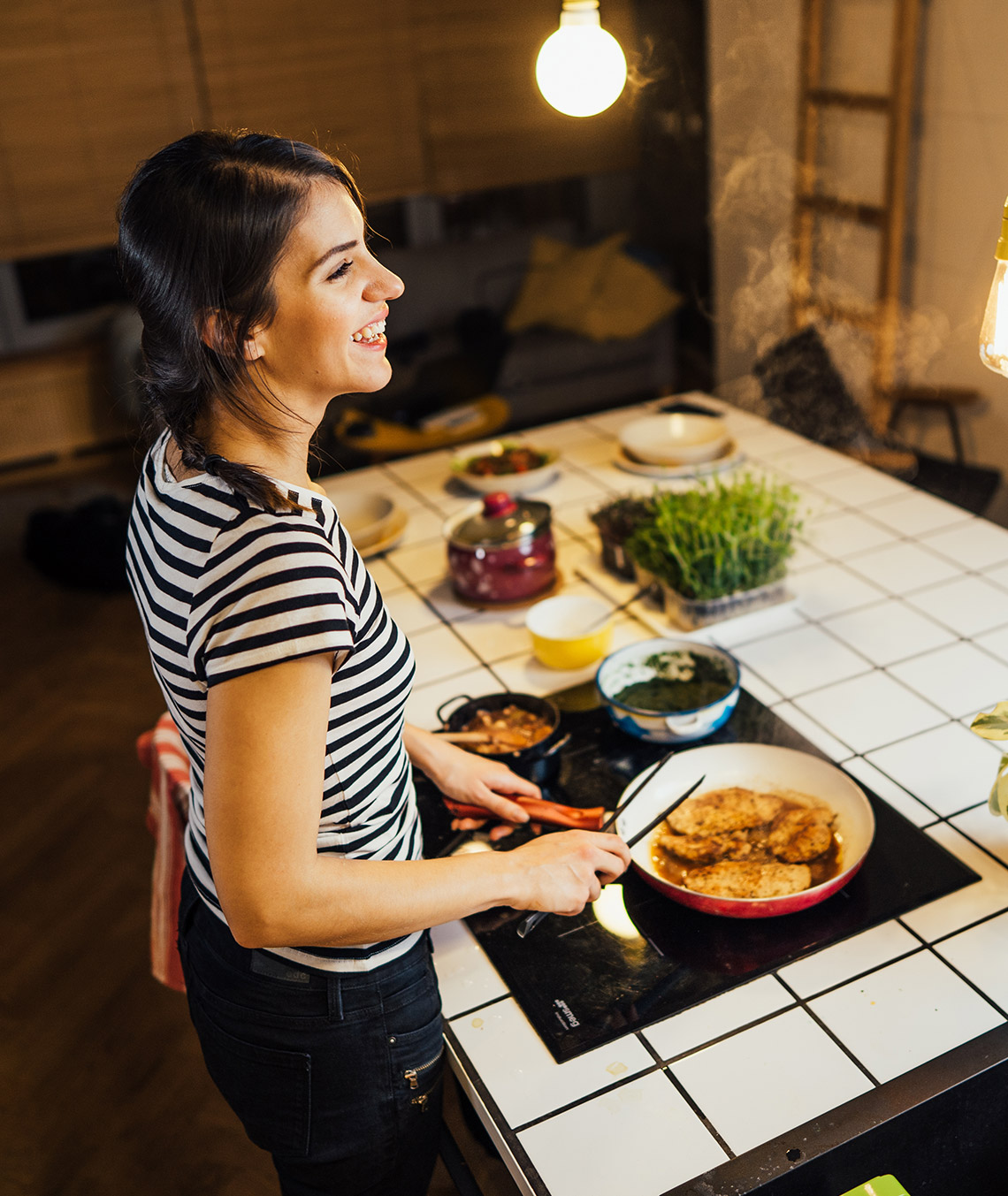 cooking at the kitchen island