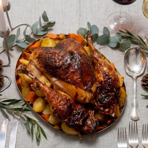 Whole Turkey Roasted With Vegetables in a Mushroom Sauce